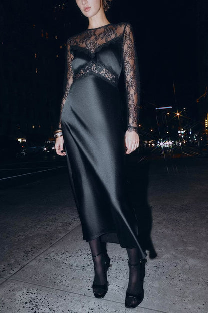 Women Clothing Winter Sexy Long Sleeve Lace Stitching Dress by Ragazza