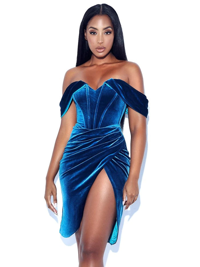 Off Shoulder Korean Velvet Boning Corset Dress Split Evening Dress Women Sexy by Ragazza