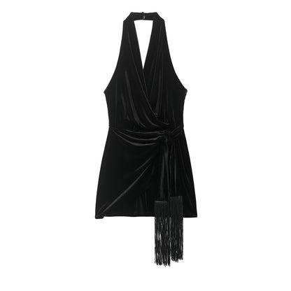 Decorated Tassel Velvet Short Dress by Ragazza
