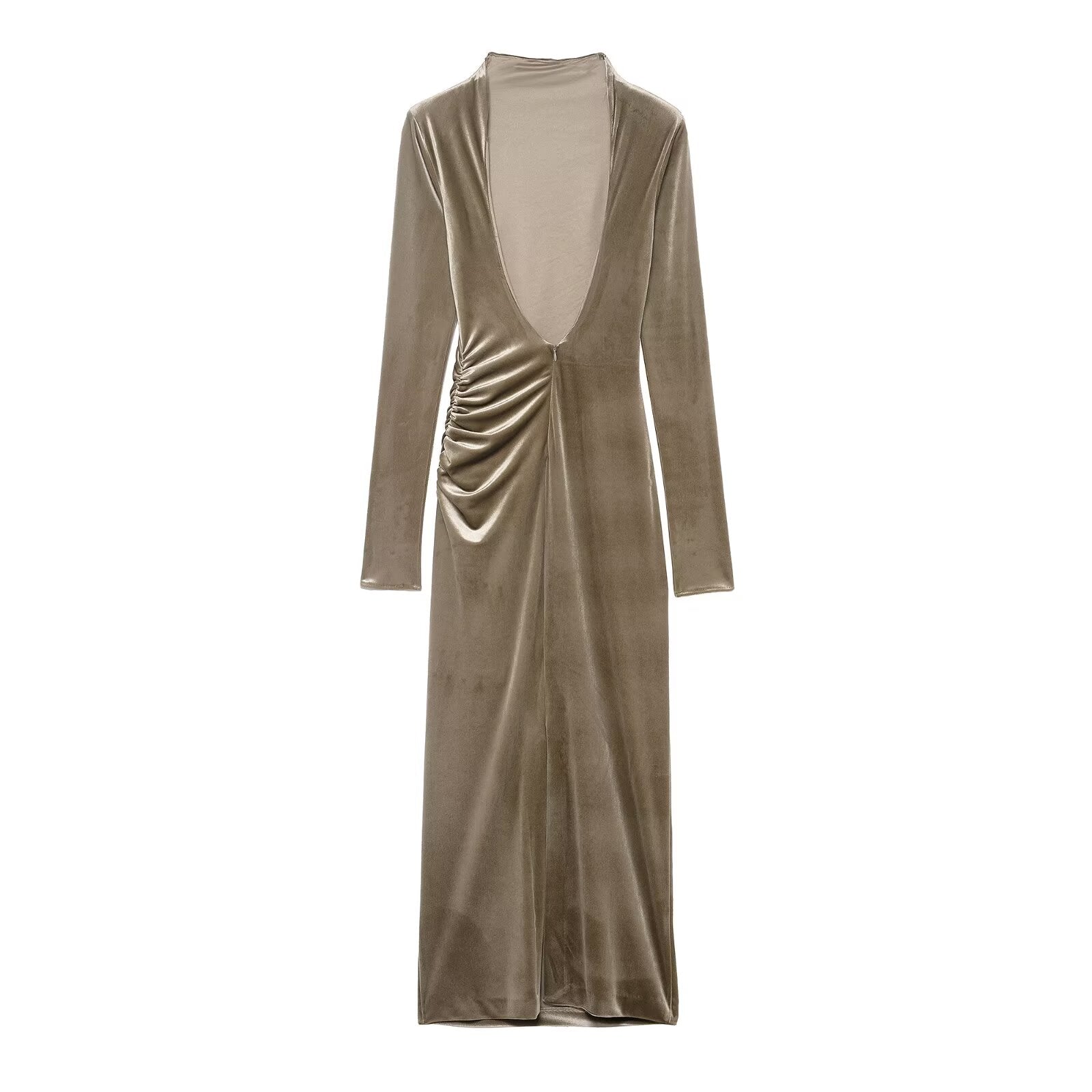 Women Clothing Backless Slim Fit Pleated Padded Shoulder Velvet Dress by Ragazza