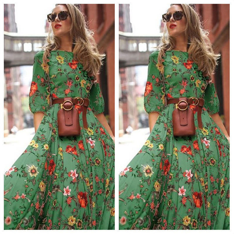 Spring Autumn Dress Printed Large Swing Elegant Chiffon Floral Slim Fitting Dress by Ragazza