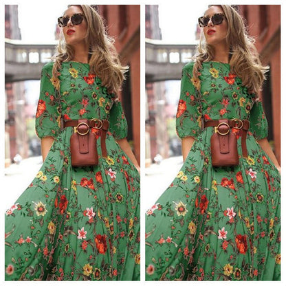 Spring Autumn Dress Printed Large Swing Elegant Chiffon Floral Slim Fitting Dress by Ragazza