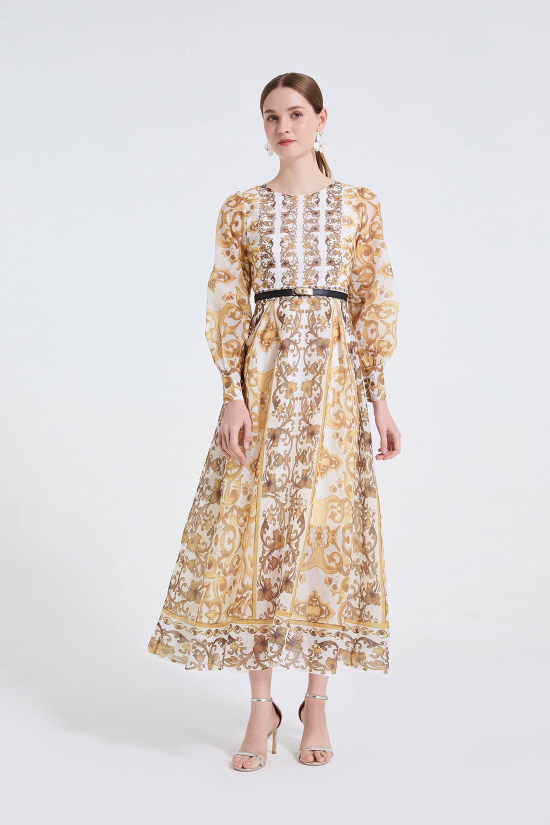 Women Printed Round Neck High Waisted Fitted Dress by Ragazza