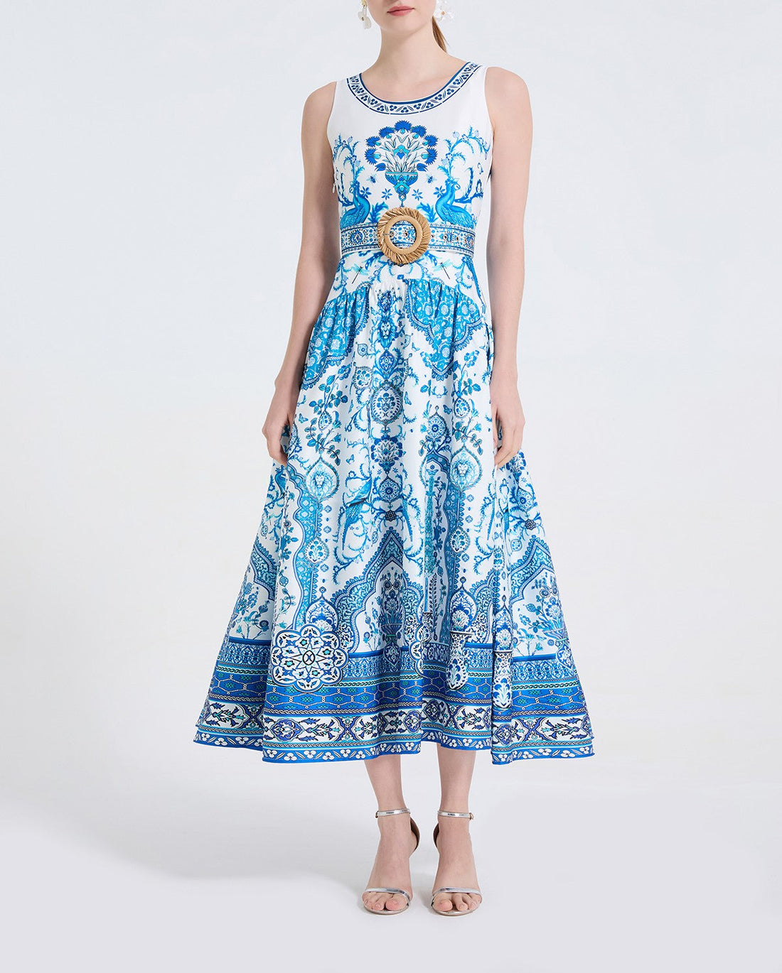 Women Peacock Print Fashionable Style Printed Round Neck Fitted Long Dress by Ragazza