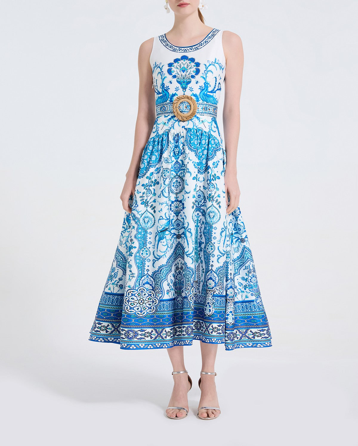 Women Peacock Print Fashionable Style Printed Round Neck Fitted Long Dress by Ragazza