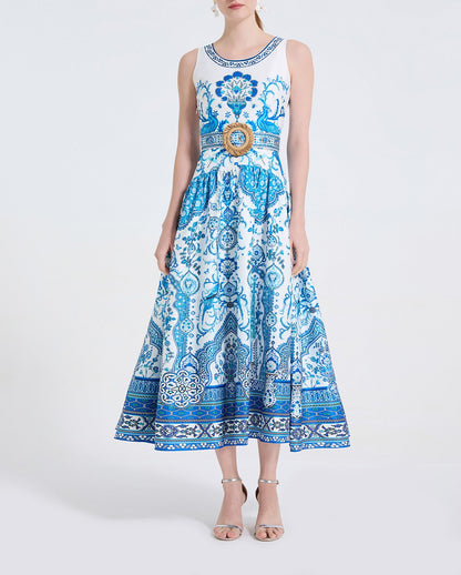 Women Peacock Print Fashionable Style Printed Round Neck Fitted Long Dress by Ragazza