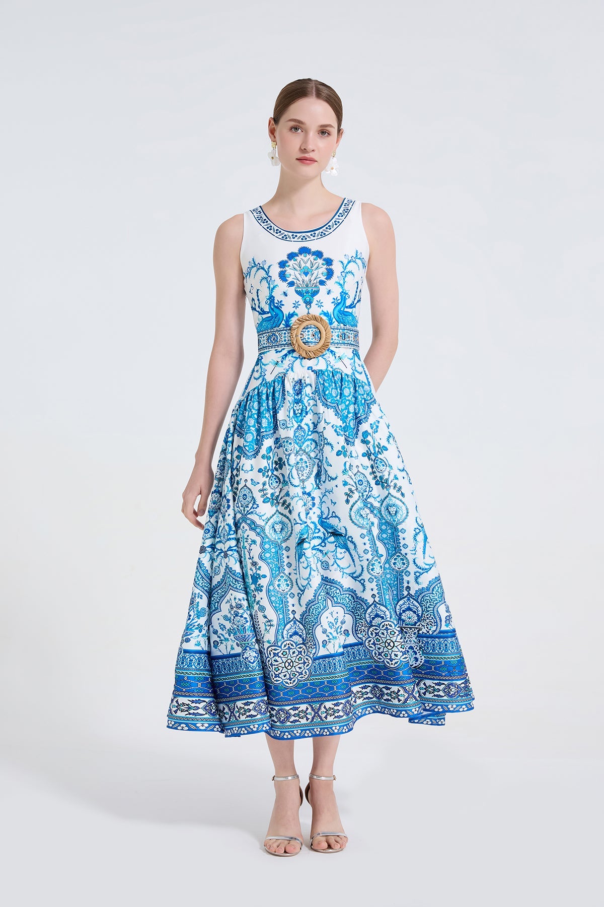 Women Peacock Print Fashionable Style Printed Round Neck Fitted Long Dress by Ragazza