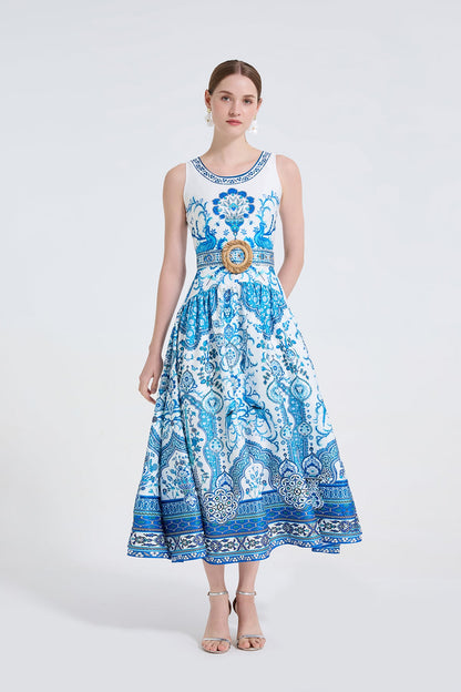 Women Peacock Print Fashionable Style Printed Round Neck Fitted Long Dress by Ragazza