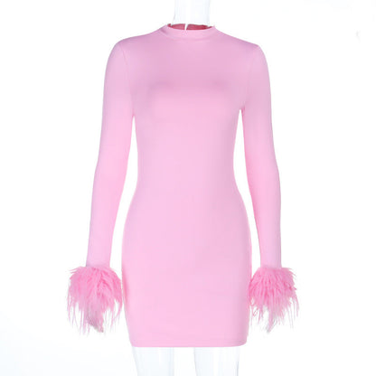 Women Half Turtleneck Sexy Slim Hip Furry Long Sleeve Short Dress by Ragazza