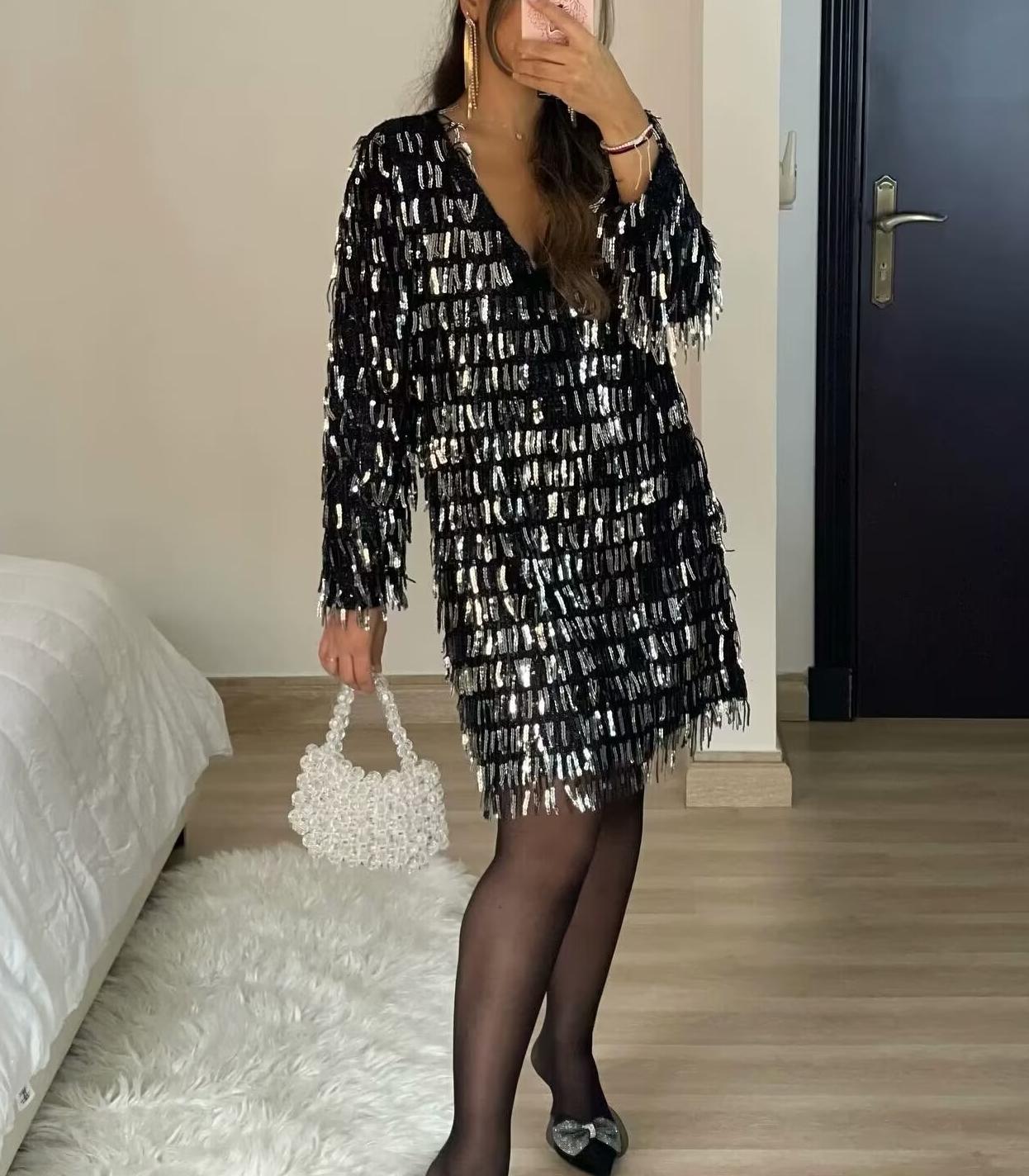 Winter Women Street V neck Tassel Sequ Dress by Ragazza