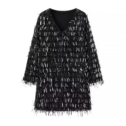 Winter Women Street V neck Tassel Sequ Dress by Ragazza