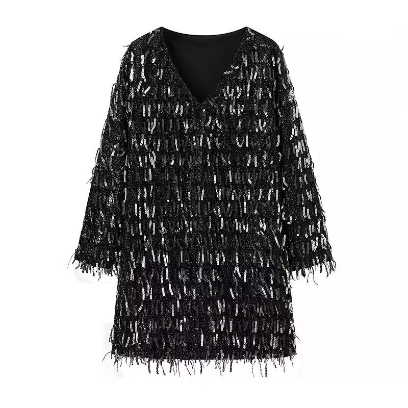 Winter Women Street V neck Tassel Sequ Dress by Ragazza