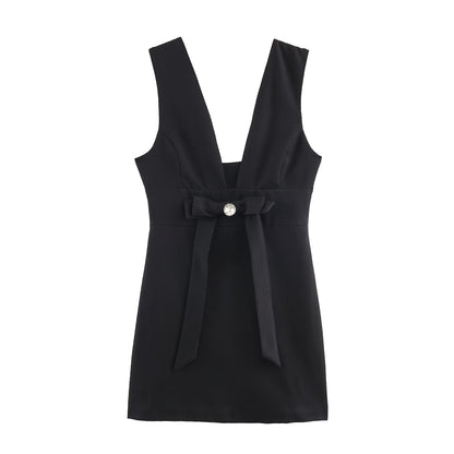 Autumn Solid Color Bow Decoration V neck Backless Design Fashionable All Match Dress 