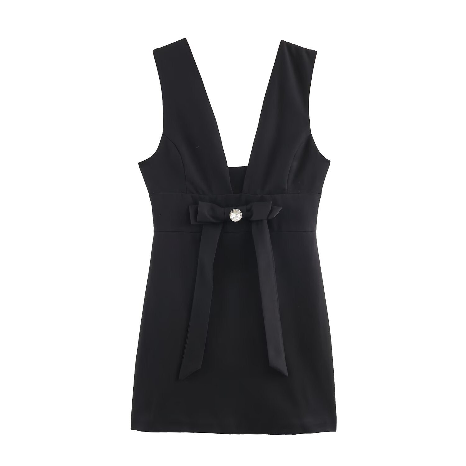 Autumn Solid Color Bow Decoration V neck Backless Design Fashionable All Match Dress 