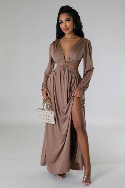 Deep V Plunge Neck Solid Color Long Sleeve Sexy Waist Hollow Out Cutout out Lace up Split Dress Comfortable Skin Friendly Daily Party Women Dress by Ragazza