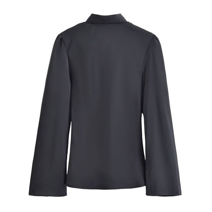 Women Clothing Winter Elegant Silk Satin Texture V neck Scarf Shirt by Ragazza