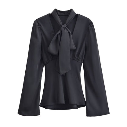 Women Clothing Winter Elegant Silk Satin Texture V neck Scarf Shirt by Ragazza