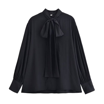 Women Clothing Winter Shirt Loose Bow Decoration Drape Shirt by Ragazza