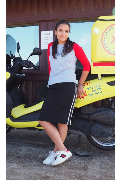 Sporty Side Stripe French Terry Knee-Length Skirt in Cotton Spandex by Kosher Casual USA