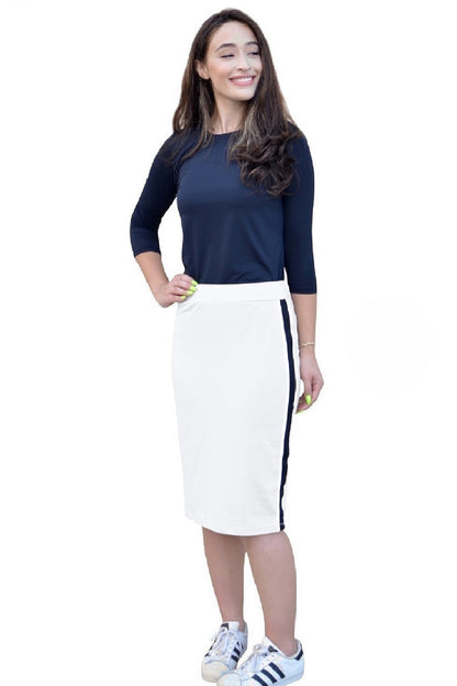 Sporty Side Stripe French Terry Knee-Length Skirt in Cotton Spandex by Kosher Casual USA
