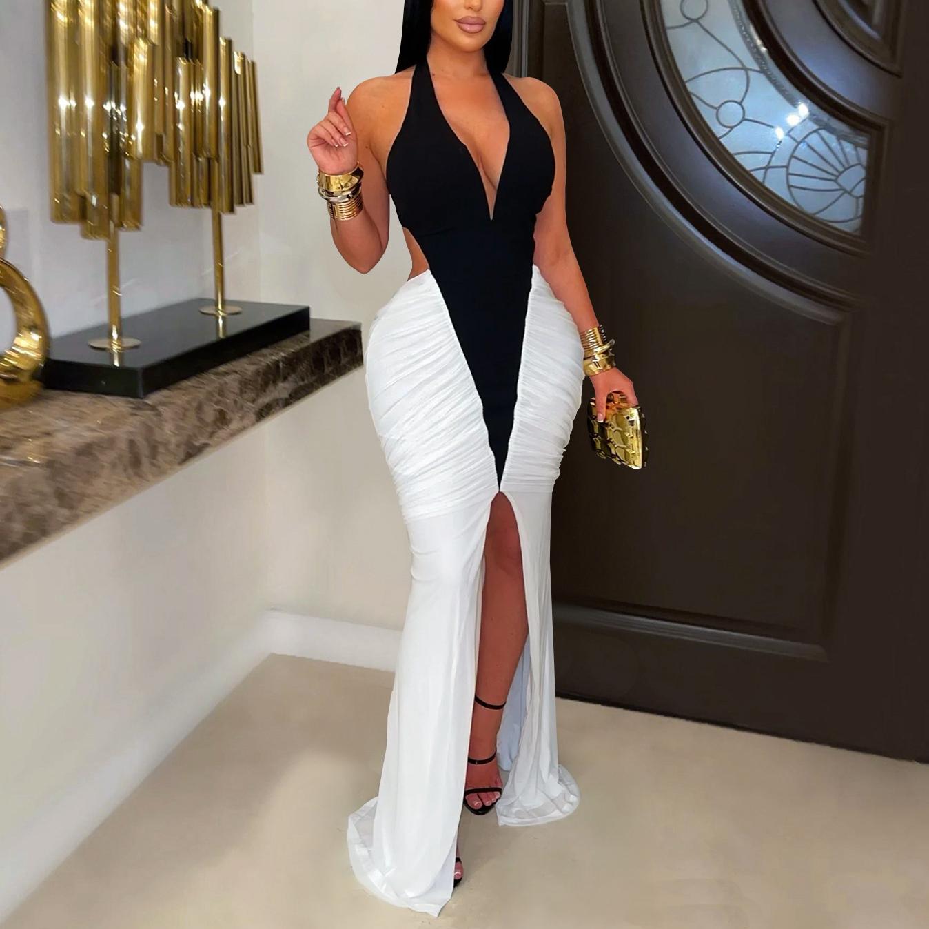 Women Wear Sexy V Neck Arm Covering Split Backless Dress by Ragazza