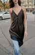Graceful Satin Asymmetric V neck Strap Midi Dress by Ragazza