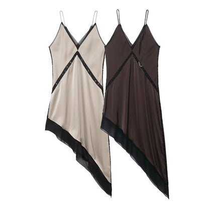 Graceful Satin Asymmetric V neck Strap Midi Dress by Ragazza