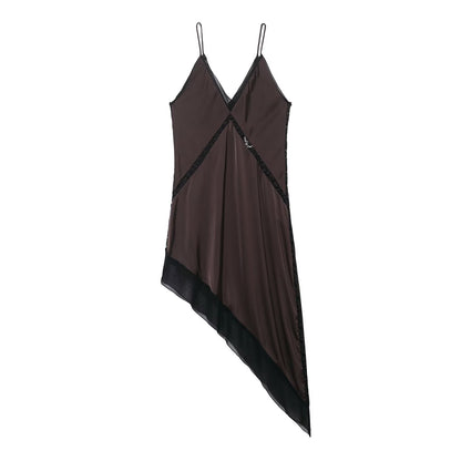 Graceful Satin Asymmetric V neck Strap Midi Dress by Ragazza