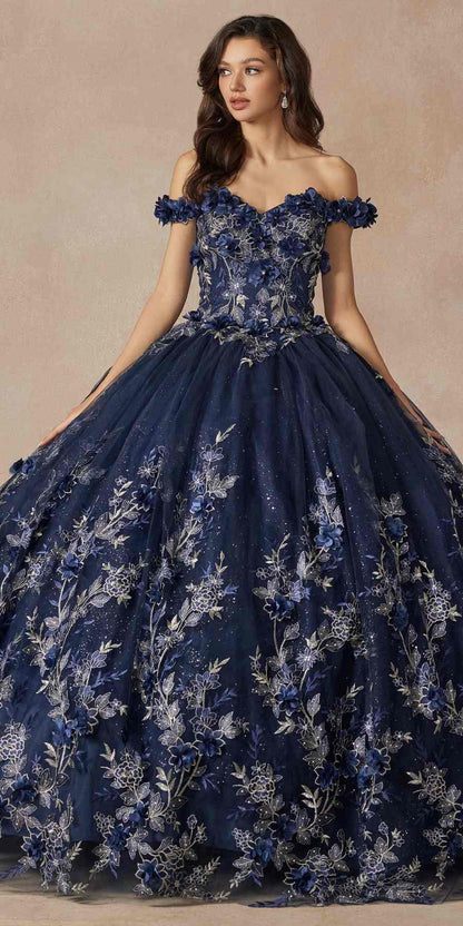 Juliet 1447 Long 3D Floral Appliques Off Shoulder Poofy Ball Gown by DiscountDressShop