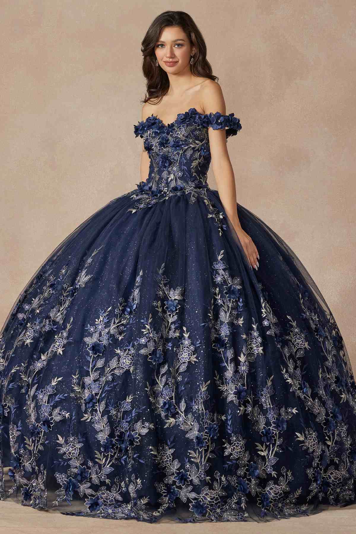 Juliet 1447 Long 3D Floral Appliques Off Shoulder Poofy Ball Gown by DiscountDressShop