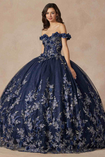 Juliet 1447 Long 3D Floral Appliques Off Shoulder Poofy Ball Gown by DiscountDressShop