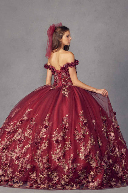 Juliet 1447 Long 3D Floral Appliques Off Shoulder Poofy Ball Gown by DiscountDressShop