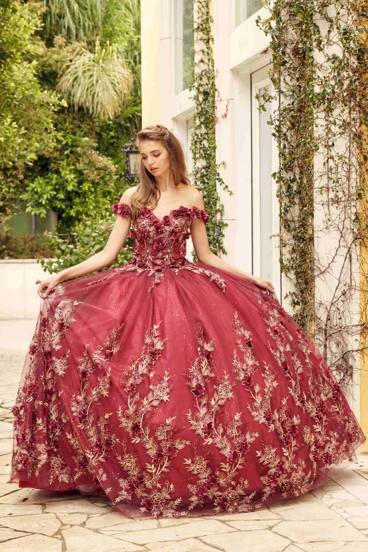 Juliet 1447 Long 3D Floral Appliques Off Shoulder Poofy Ball Gown by DiscountDressShop