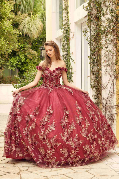 Juliet 1447 Long 3D Floral Appliques Off Shoulder Poofy Ball Gown by DiscountDressShop