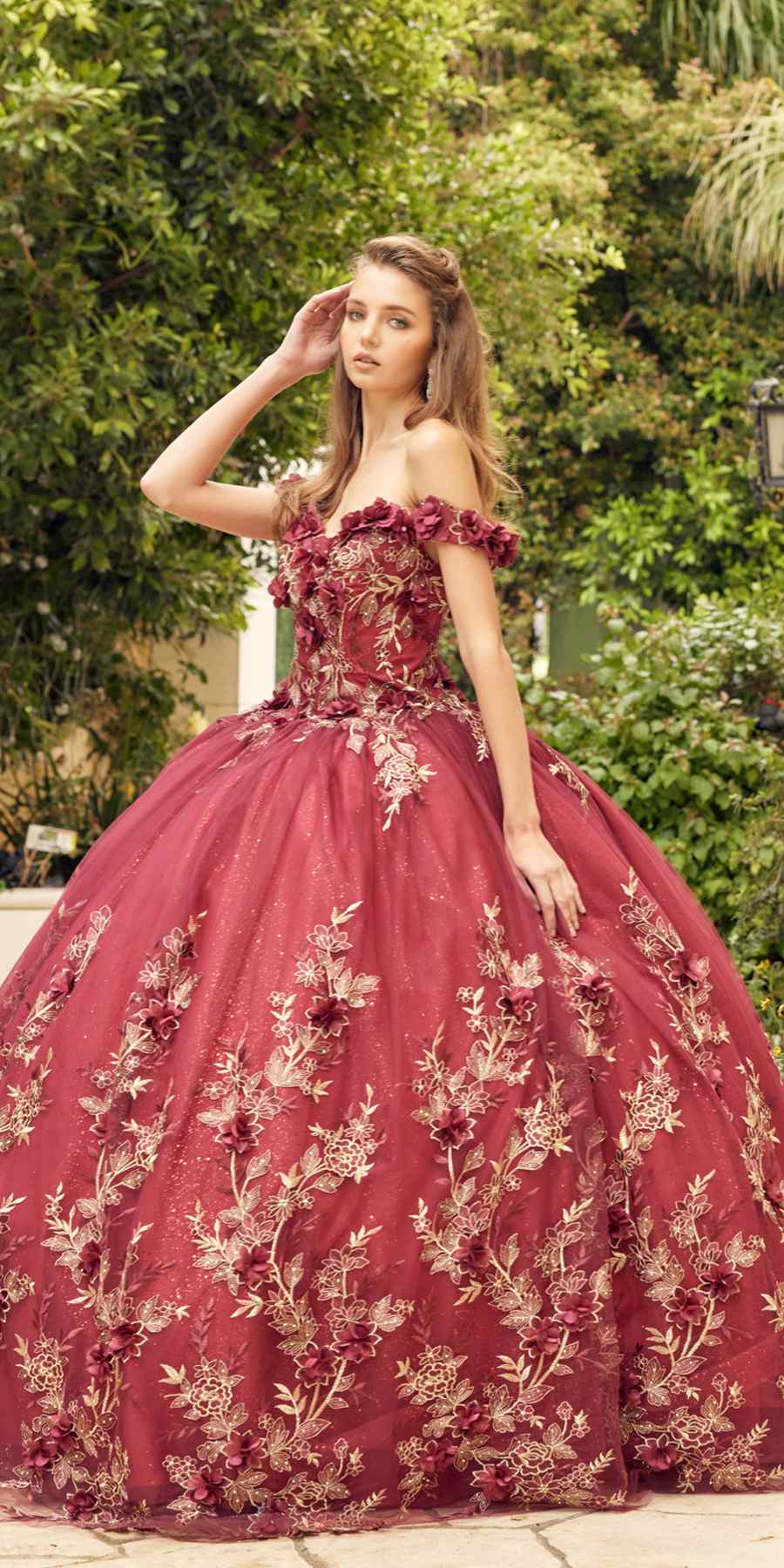 Juliet 1447 Long 3D Floral Appliques Off Shoulder Poofy Ball Gown by DiscountDressShop