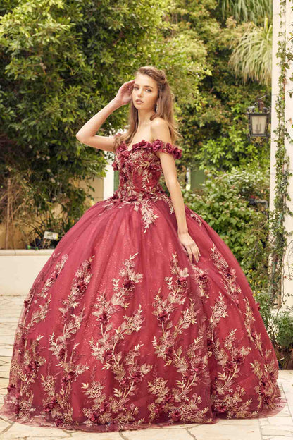 Juliet 1447 Long 3D Floral Appliques Off Shoulder Poofy Ball Gown by DiscountDressShop