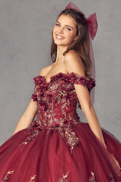 Juliet 1447 Long 3D Floral Appliques Off Shoulder Poofy Ball Gown by DiscountDressShop