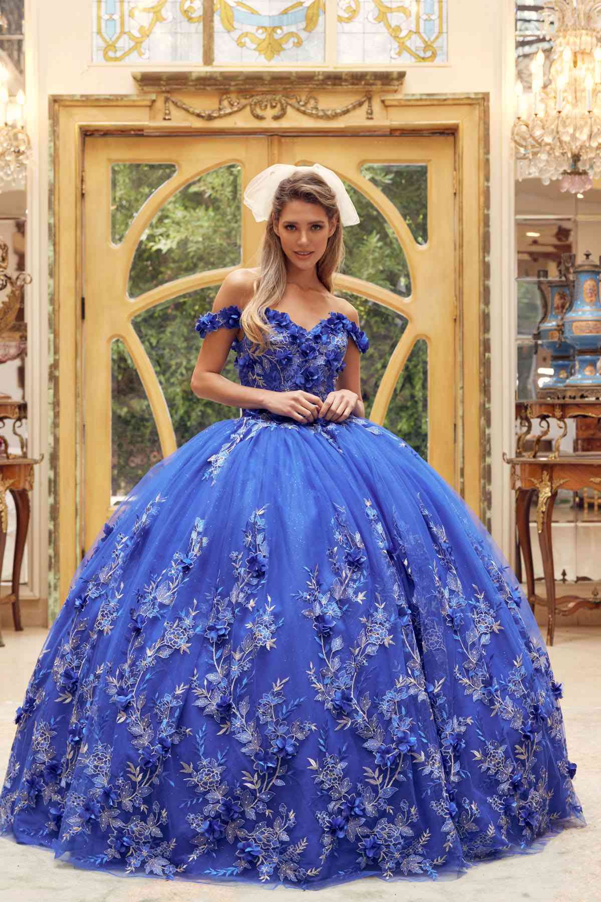Juliet 1447 Long 3D Floral Appliques Off Shoulder Poofy Ball Gown by DiscountDressShop