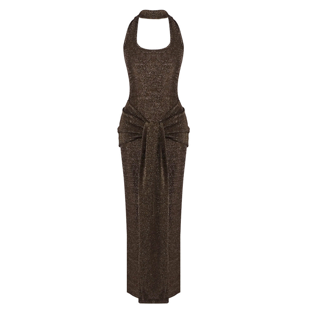 Women Clothing Coffee Color Silver Silk Ribbon Dress Sexy Backless Dress Slim Fit Sheath Dress Waist Tight Tight Dress by Ragazza