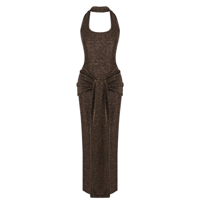 Women Clothing Coffee Color Silver Silk Ribbon Dress Sexy Backless Dress Slim Fit Sheath Dress Waist Tight Tight Dress by Ragazza
