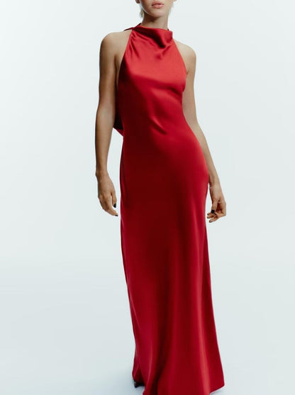 Women Clothing Top Product Silk Satin Texture Hanging Collar Sleeveless Slim Burgundy Maxi Dress by Ragazza