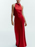 Women Clothing Top Product Silk Satin Texture Hanging Collar Sleeveless Slim Burgundy Maxi Dress by Ragazza