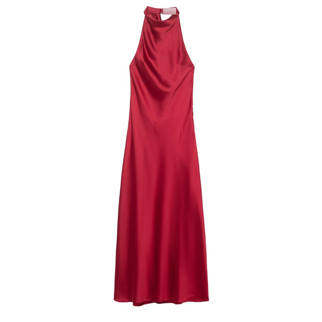 Women Clothing Top Product Silk Satin Texture Hanging Collar Sleeveless Slim Burgundy Maxi Dress by Ragazza