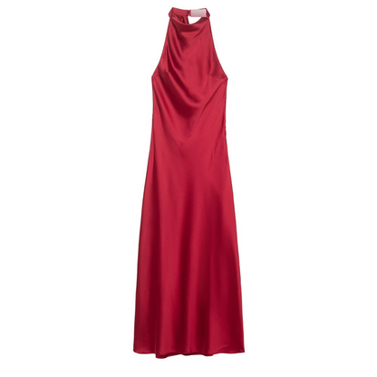 Women Clothing Top Product Silk Satin Texture Hanging Collar Sleeveless Slim Burgundy Maxi Dress by Ragazza