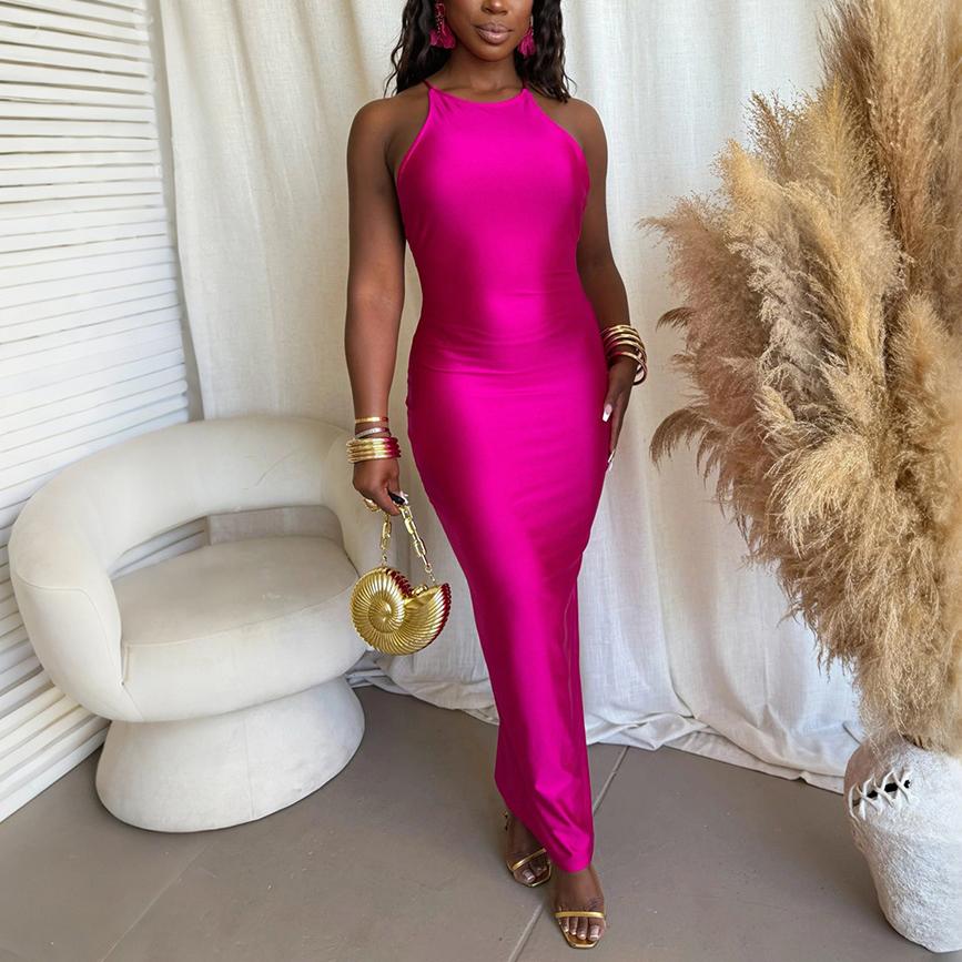 Women Slim Fit Halter Solid Color Long Dress by Ragazza