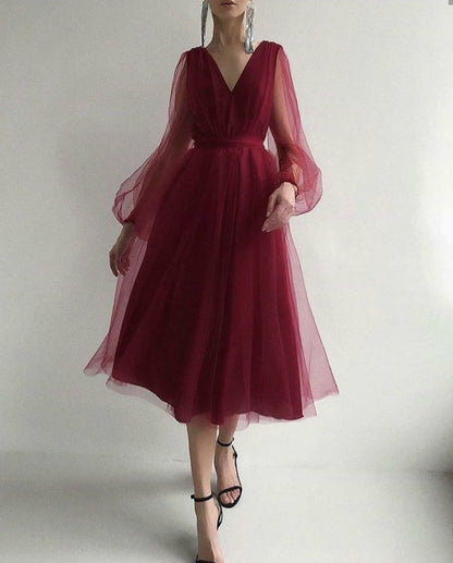 Sexy Deep V Plunge Plunge Mesh Bubble Long Sleeve Dress Slim Waist Dress by Ragazza