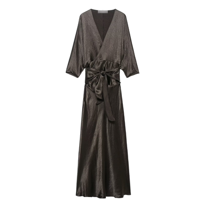 Women Clothing Silk Satin Texture Double Breasted Waist Controlled Lace up Dress by Ragazza