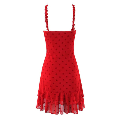 Women Clothing Retro Easy Matching Love Polka Dot Ruffled Shoulder Strap V neck Strap Dress by Ragazza
