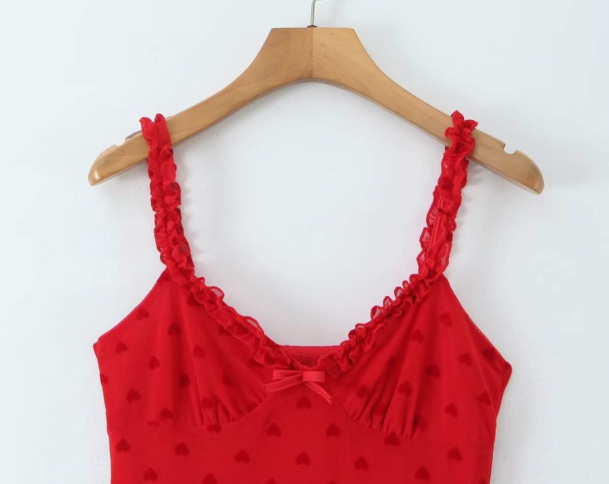 Women Clothing Retro Easy Matching Love Polka Dot Ruffled Shoulder Strap V neck Strap Dress by Ragazza