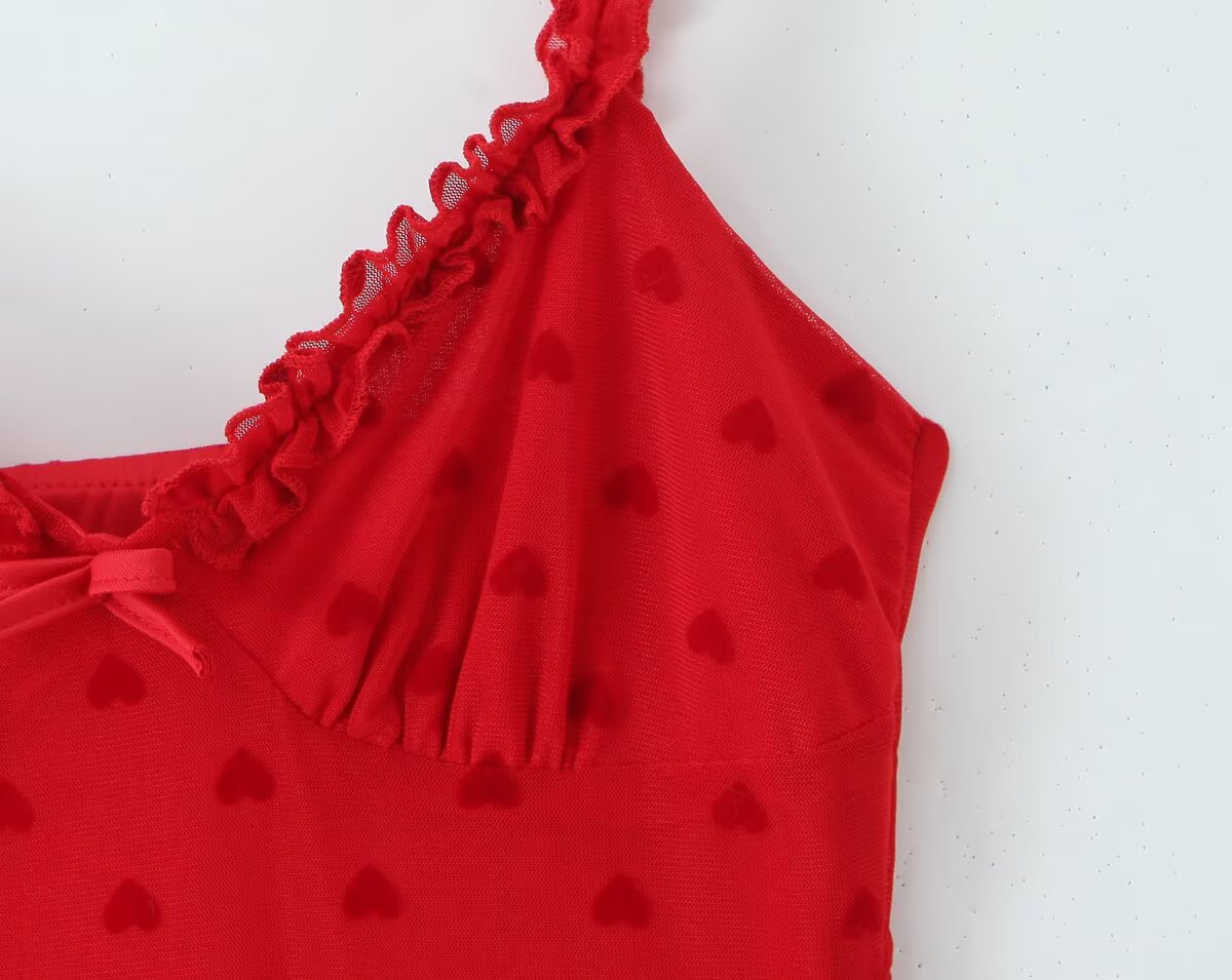 Women Clothing Retro Easy Matching Love Polka Dot Ruffled Shoulder Strap V neck Strap Dress by Ragazza